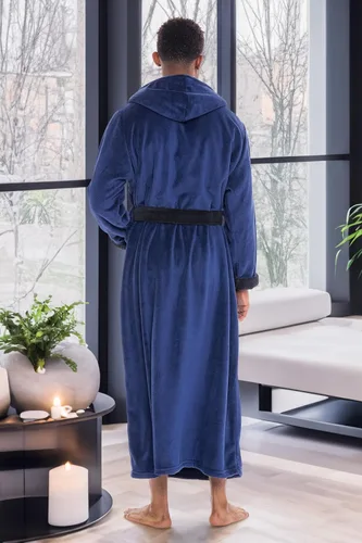 Vista 4 de Alexander Del Rossa Bata de baño de vellón afelpado suave, con capucha, para hombre, bata larga y cálida