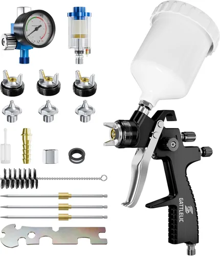 Vista 11 de Pistola rociadora de aire HVLP con boquillas de 1.4/1.7/2mm y regulador de compresor de aire, pistola de pintura de aire con taza de mezcla de 600cc