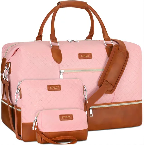Vista 31 de Bolsa de fin de semana para mujer, bolsa de viaje de nailon, con compartimento para zapatos, tamaño grande 1-beige