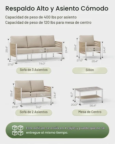 Vista 2 de Sofá de dos plazas de aluminio para patio exterior, sofá de patio de cuerda HDPE con cojín grueso lavable, muebles de patio para todo tipo de clima
