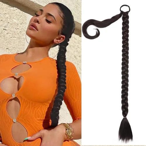 Vista 11 de Extensiones de cola de caballo trenzada de 20 pulgadas de largo para mujer, extensiones de cabello lacio envolvente con banda para el cabello, cola