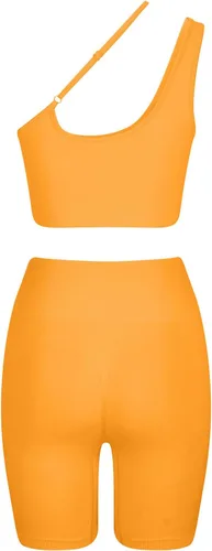 Vista 6 de Conjuntos de entrenamiento para mujer, sexy, de un hombro, con tirantes, brasier deportivo con pantalones cortos de cintura alta, leggings, trajes