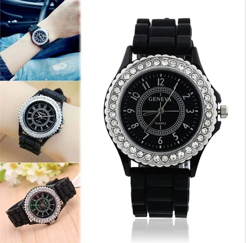 Vista 2 de Relojes al por mayor de las mujeres Pack Silicona Banda Señora Rhinestone Reloj de pulsera Negro