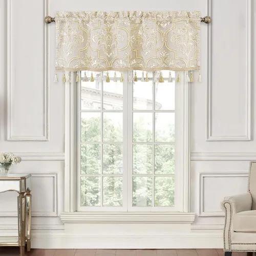 Vista 8 de Loom and Mill Cenefas de jacquard de lujo para ventana de sala de estar, elegante cenefa de cortina de damasco beige con ribete de cuentas, cortina