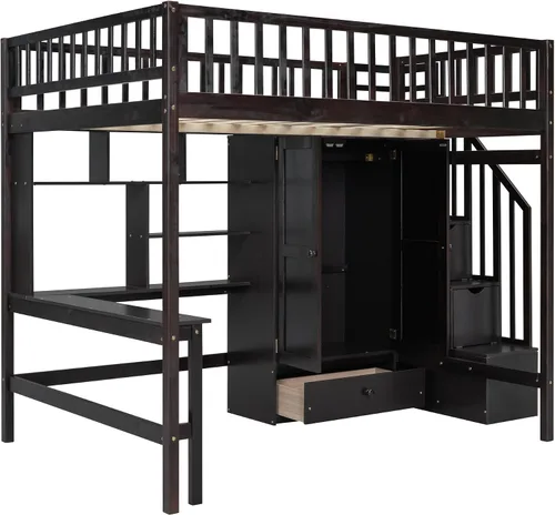 Vista 5 de Harper & Bright Designs Cama tipo loft de tamaño matrimonial con escritorio, marco de cama tipo loft de madera con armario, estantería y cajones