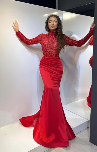 Vista 4 de Vestidos de fiesta de noche con lentejuelas brillantes y cuello alto para mujer, de satén, manga larga, vestidos de fiesta de noche