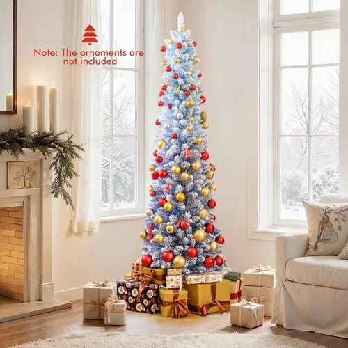 Vista 8 de GOFLAME - Árbol de Navidad artificial de 6 pies con luces LED blancas cálidas preiluminadas, árbol de Navidad con flecos de nieve, 435 puntas