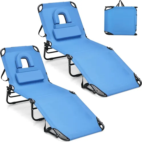 Vista 12 de GYMAX Silla de bronceado, silla de playa de 350 libras con agujero para la cara, almohada lavable y correa de transporte, tumbona plegable