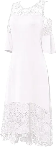 Vista 6 de MOBCTG Vestidos negros de talla grande, vestido de moda para mujer, con costuras de encaje con volantes, manga corta, sin tirantes, vestido