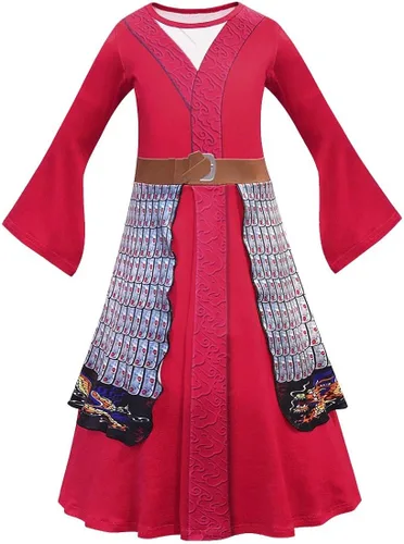Vista 2 de Ubeufun Mullan Costume Red Dress Halloween Movie Character Role Play Cosplay Party Outfit Girls Princess Warriorr Costume
