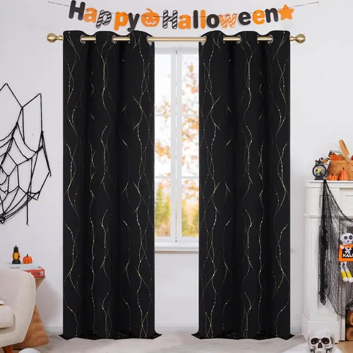 Vista 45 de Deconovo - Cortinas opacas con diseño dorado estampado y ojales, negro, de 42 pulgadas de ancho x 45 pulgadas de largo