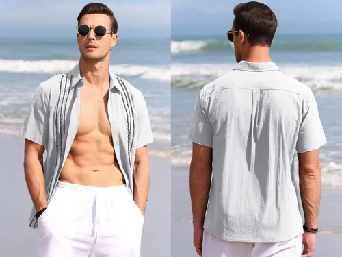 Vista 3 de Camisas guayabera de manga corta para hombre, de lino y algodón, con botones, bordadas mexicanas, para boda