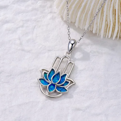 Vista 3 de Hamsa Hand Necklace for Women,925 Sterling Silver Hamsa Lotus Evil Eye Pendant Hand of Fatima Tree Elephant Necklaces,Hamsa Hand of Fatima Amulet