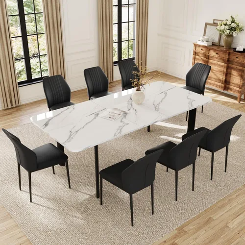 Vista 14 de HIPIHOM Mesa de comedor extensible para 6-8 personas, mesa rectangular de 63 a 78.7 pulgadas, MDF blanco con patas de metal resistentes, ahorro