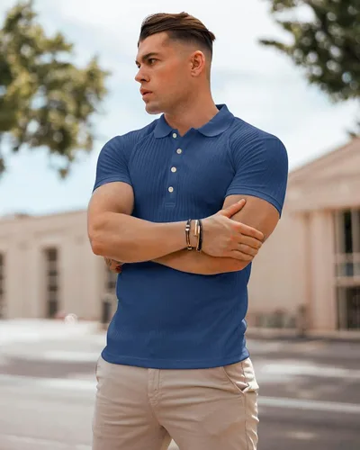 Vista 4 de Camisas polo musculares para hombre, manga corta, ajustadas, camisetas de golf para hombre, camisetas casuales de ajuste seco, camisas de bolos