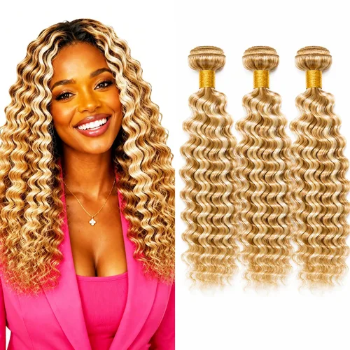 Vista 20 de P4613 Cabello humano rizado onda profunda marrón y paquetes mixtos 8 10 12 P4613 Ombre Marrón-Rubio-DP