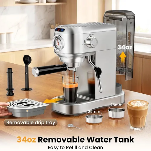Vista 12 de Máquina de café espresso de 20 bares, cafetera compacta con espumador de leche, cafetera de acero inoxidable con tanque de agua extraíble de 34