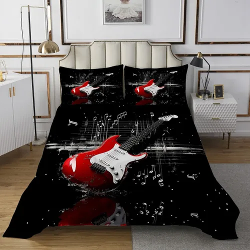 Vista 6 de Homewish Colcha de guitarra roja tamaño individual, juego de ropa de cama de música Hip Pop para decoración de habitación de niños y niñas, juego