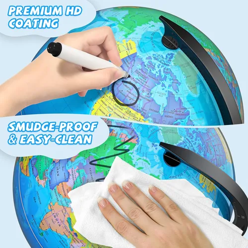 Vista 5 de Globo de 33 cm para niños y adultos, globo mundial interactivo para niños con base estable de metal pesado, superficie HD impermeable y escribible