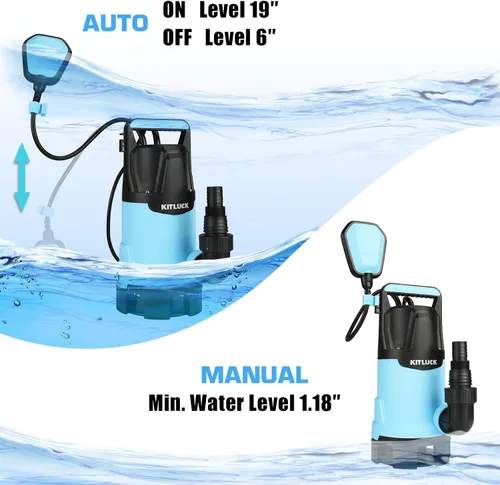 Vista 5 de KITLUCK Bomba de agua sumergible, bomba de sumidero de alto flujo de 1-1/4 HP 4500 GPH con interruptor de flotador, cable de alimentación de 23