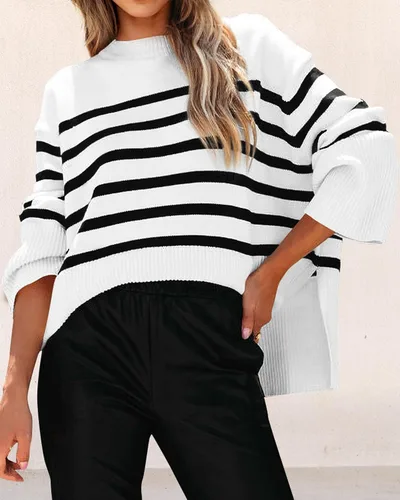 Vista 3 de KIRUNDO Suéteres de otoño de gran tamaño de punto a rayas para mujer, ropa de moda, cuello redondo, suéter de invierno con abertura lateral