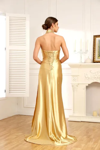 Vista 6 de Mkojaa Vestidos de dama de honor con cuello halter, vestidos de noche largos fruncidos y divididos