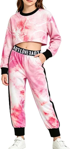 Vista 14 de Betusline - Conjunto de 2 piezas para niñas, ropa deportiva con sudadera y pantalones cortos, 4T-14 años Una flor de orilla naranja