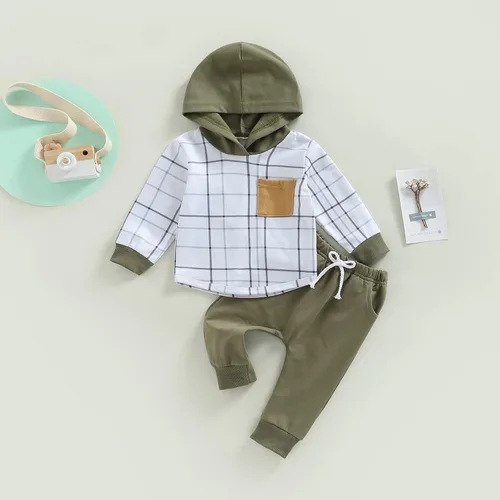 Vista 44 de Ropa de bebé niño 3 6 9 12 18 24M 3T Conjunto de pantalones con capucha patchwork sudadera con capucha pantalones de rayas traje de otoño invierno