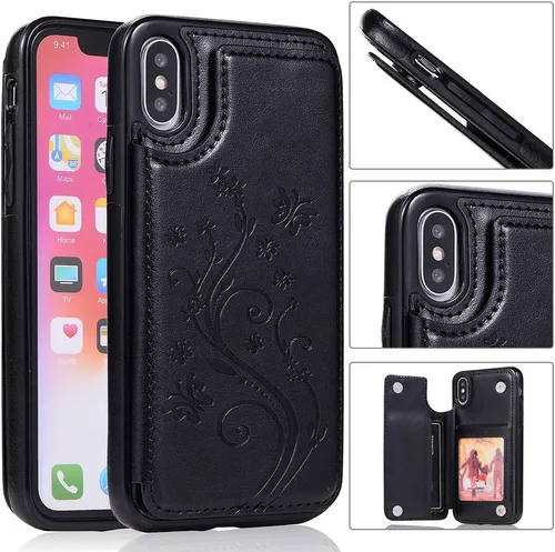 Vista 3 de Funda de teléfono para iPhone Xs X 10 10s con protector de pantalla de vidrio templado, tarjetero con soporte para tarjetero, funda de cuero