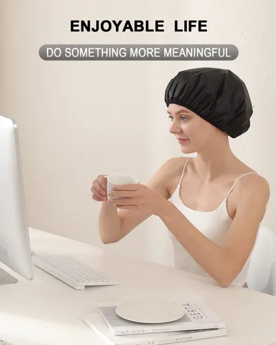 Vista 9 de YIZIJIZI Gorro de ducha con forro de rizo, gorro grande de tres capas para mujer, gorro de ducha reutilizable e impermeable, para cabello largo