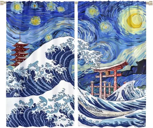 Vista 11 de Cortinas opacas con bolsillo para barra de arte asiático japonés para dormitorio, diseño de anime azul, océano, fantasía, cielo estrellado, Torii