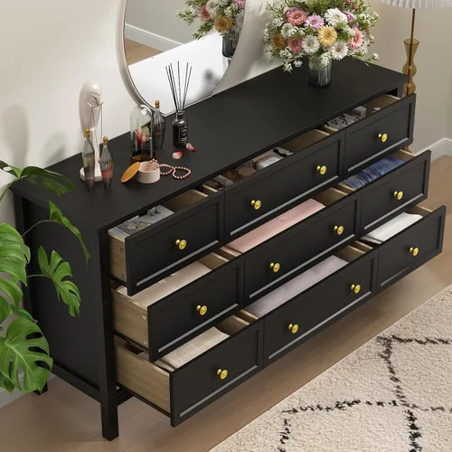 Vista 5 de CARPETNAL Cómoda negra de 9 cajones para dormitorio con cajones profundos, cómodas grandes y cómoda con manijas doradas, cómodas largas modernas