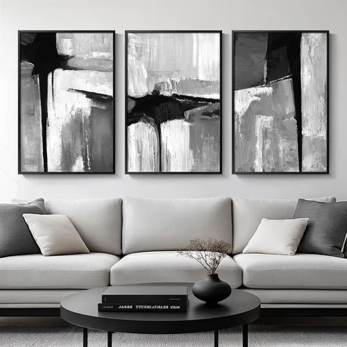 Vista 22 de Arte de pared abstracto moderno enmarcado en blanco y negro, 3 piezas de impresiones en lienzo pinturas obras de arte para paredes, cuadros Negro
