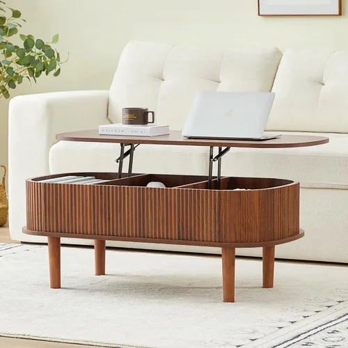 Vista 14 de Mesa de centro con parte superior acanalada totalmente montada con compartimento oculto, mesa central de madera, moderna mesa de elevación ovalada