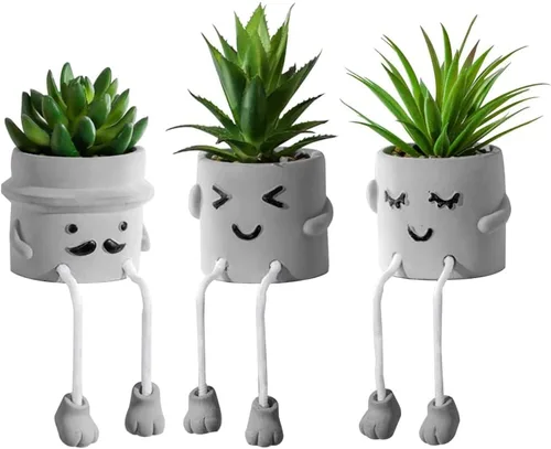 Vista 11 de Zerzsy - Suculentas artificiales en macetas de cemento con patas colgantes, decoración de estantes de cocina, decoración de estantes de baño