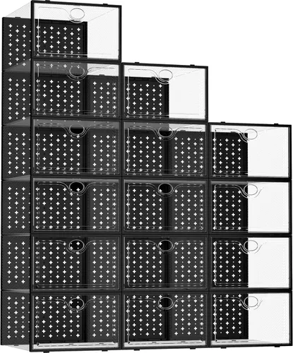 Vista 12 de Pinkpum Caja organizadora de almacenamiento extragrande para zapatos y zapatillas, 12 unidades, de plástico transparente, apilable, color negro