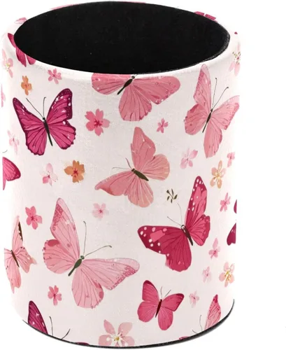 Vista 16 de Taza de PVC para escritorio, taza de lápiz rosa con mariposas para organizador de bolígrafos de escritorio, soporte para brochas de maquillaje