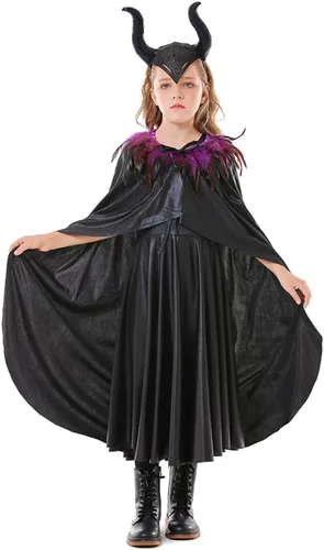 Vista 4 de IBTOM CASTLE Disfraz de Halloween para niñas, disfraz de bruja de tul negro, cuernos, diadema, alas, disfraz de carnaval