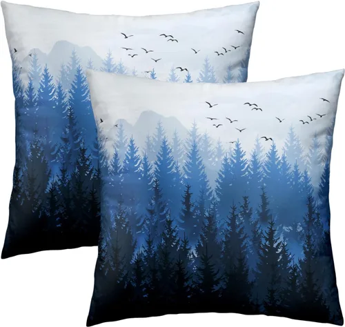 Vista 30 de Juego de 2 fundas de almohada de bosque de abedul, fundas de almohada decorativas de montaña de madera verde oscuro brumoso de 16 x 16 pulgadas