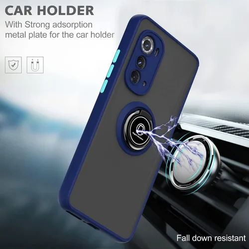 Vista 3 de TJS - Funda compatible con Motorola Moto Edge 2022 (negro) with Tempered Glass Screen Protector Metal Ring Magnetic Support Kickstand Heavy Duty