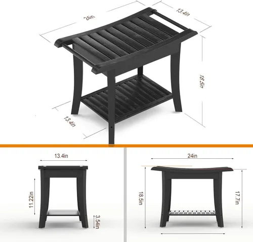 Vista 9 de Taburete Banco de Ducha de Bambú Impermeable con Estante de Almacenamiento para Afeitarse las Piernas o Asiento de Baño de Spa en el Baño y Dentro