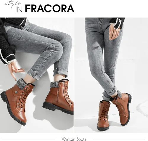 Vista 6 de FRACORA Botas de combate de piel sintética para mujer, con forro de piel cálida, botines negros con cremallera lateral, botas blancas