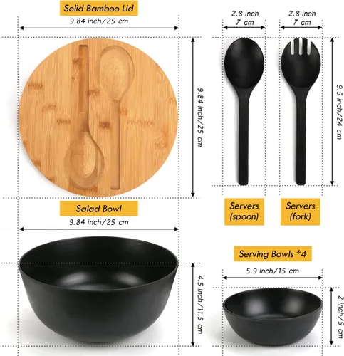 Vista 3 de ShineMe Ensaladeras, ensaladera grande con tapa y servidores, juego de ensaladas de bambú con 4 cuencos pequeños para servir, cuenco de cocina Negro