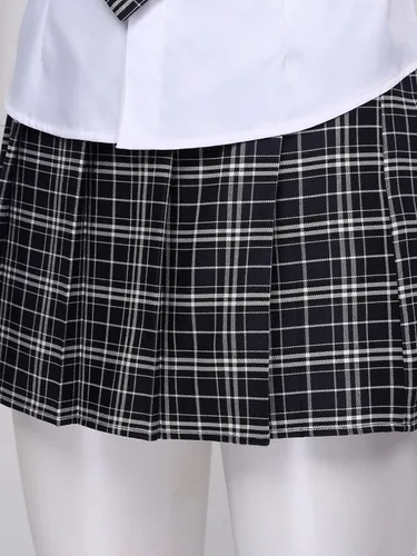 Vista 7 de Linjinx Disfraz de cosplay de 3 piezas para mujer uniforme escolar camisa de manga corta con falda a cuadros
