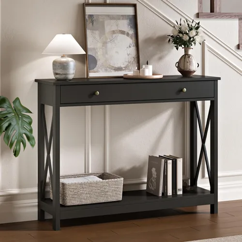 Vista 13 de Mesa consola de madera Treocho Farmhouse con cajón y estantes de almacenamiento, mesa de sofá estrecha para entrada, sala de estar, pasillo