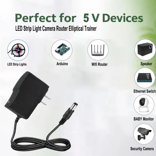 Vista 8 de Fuente de alimentación de 5 V CC, adaptador de CA de pared de 2 A, 100-240 V, 50-60 Hz a CC, cable adaptador de corriente de 2 amperios con enchufe