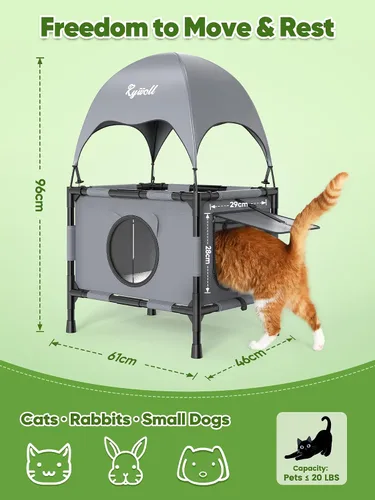 Vista 6 de Rywell Casa elevada para gatos al aire libre de 2 niveles con toldo, plataforma elevada de varios niveles, casa exterior para gatos con malla