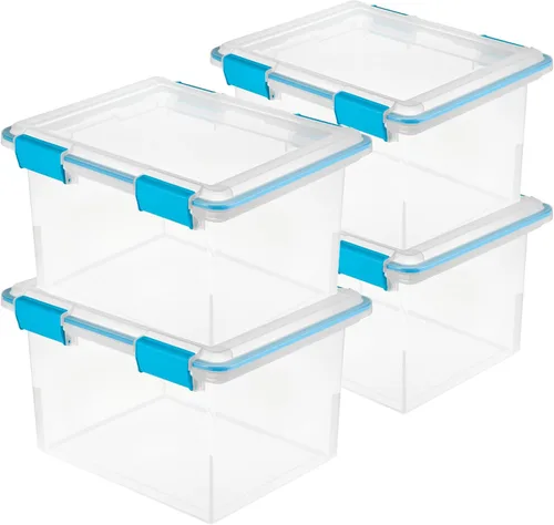 Vista 33 de Sterilite 19414306 - Caja de almacenamiento de plástico transparente de 7.5 cuartos y tapa con pestillos azules