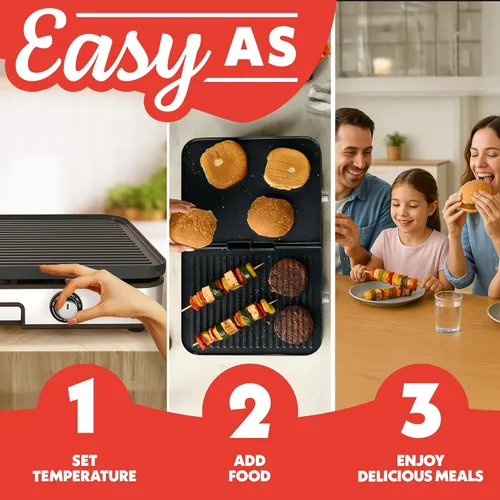 Vista 10 de Gourmia - Combo eléctrico de parrilla y plancha para interiores 3 en 1 – Zonas de cocción duales independientes, placas de cerámica antiadherentes