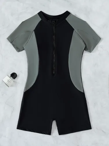 Vista 5 de Floerns Traje de baño deportivo de una pieza con cremallera frontal tropical para mujer